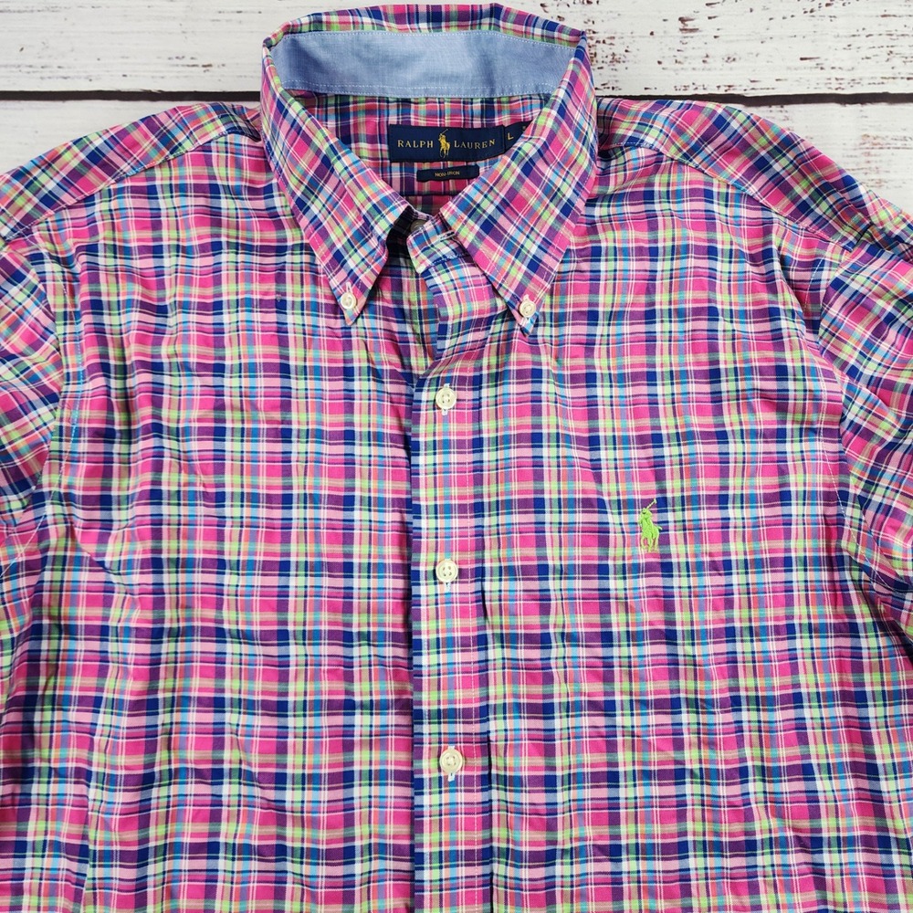 Polo Ralph Lauren Mens Large Non-Iron Button Down Shirt Pink Green Madras Plaid